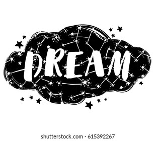 poster for dreams on starry background, black and white, vector illustration
