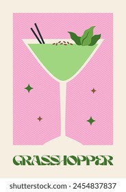 Poster drink. Cocktail art. Grasshopper. Retro posters with alcohol cocktails. 90s 80s 70s groovy posters. Modern trendy print. Drink with fruit and ice.