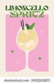 Poster drink. Cocktail art. Limoncello spritz. Retro posters with alcohol cocktails. 90s 80s 70s groovy posters. Modern trendy print. Drink with fruit and ice.