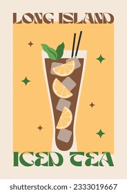 Bebida de póster. Arte de cócteles. té helado de Long Island. Afiches retro con cócteles de alcohol. Afiches groovys de los años 70 de los 80. Impresión moderna. Beba con fruta y hielo.