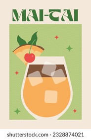 Bebida de póster. Arte de cócteles Mai Tai. Afiches retro con cócteles de alcohol. Afiches groovys de los años 70 de los 80. Impresión moderna. Beba con fruta y hielo.