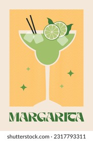 Poster drink. Cocktail art. Margarita. Retro posters with alcohol cocktails. 90s 80s 70s groovy posters. Modern trendy print. Drink with fruit and ice.