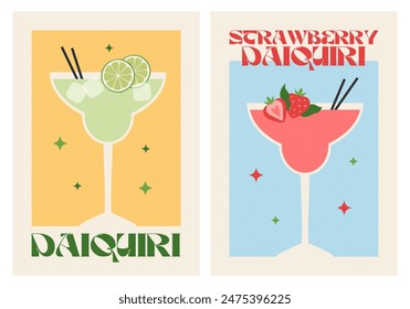 Poster drink set. Cocktail arts. Retro posters with alcohol cocktails. Daiquiri. Strawberry daiquiri. 90s 80s 70s groovy posters. Modern trendy print. Drink with fruit and ice.