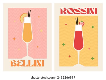 Juego de bebidas de cartel. Coctelería. Afiches retro con cócteles de alcohol. ¡Bellini! Rossini. 90s 80s 70s posters geniales. Estampado moderno. Beba con fruta y hielo.