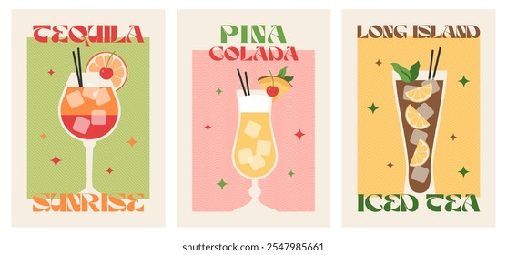 Poster drink set. Cocktail arts. Pina colada. Tequila sunrise. Long Island Iced Tea. Retro posters with alcohol cocktails. 90s 80s 70s groovy posters. Modern trendy print. Drink with fruit and ice.