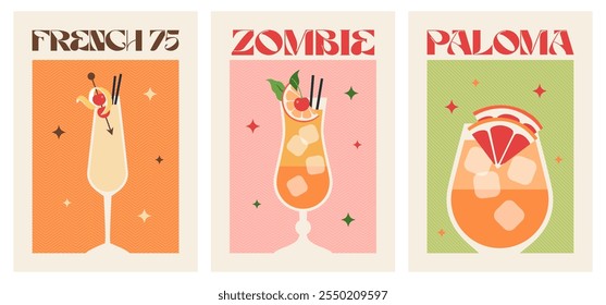 Poster drink set. Cocktail arts. Retro posters with alcohol cocktails. Zombie. French 75. Paloma. 90s 80s 70s groovy posters. Modern trendy print. Drink with fruit and ice.