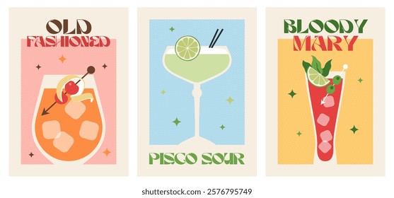 Poster drink set. Cocktail arts. Retro posters with alcohol cocktails. Old fashioned. Bloody mary. Pisco Sour. 90s 80s 70s groovy posters. Modern trendy print. Drink with fruit and ice.