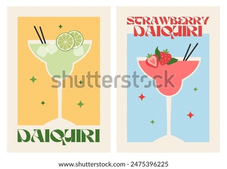 Poster drink set. Cocktail arts. Retro posters with alcohol cocktails. Daiquiri. Strawberry daiquiri. 90s 80s 70s groovy posters. Modern trendy print. Drink with fruit and ice.
