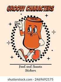 Poster with a drink in a tin can in groovy style. Food and drinks. Quick snack. Y2k elements and shapes. Vector. Isolated. Comic and character. Legs and hands.  Cartoon illustration. Walking. Retro