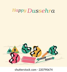 Poster of Dussehra celebration with colourful text, funny faces and crackers on light orange background. 