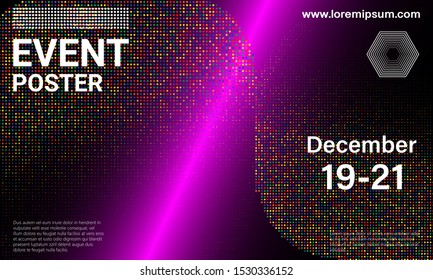Poster. Dynamic particles. Party invitation template. Colorful elements. Announcement conference. Abstract cover design. Vector illustration.