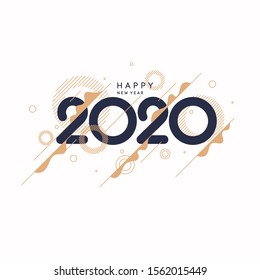 Poster with dynamic waves. Background with the inscription Happy New Year 2020. Vector illustration in flat simple style with gold lines.