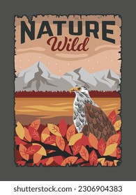 Poster with eagle in nature. Bird sits in nest of leaves against backdrop of mountain landscape and starry sky. Cover with flying predator in autumn national park. Cartoon flat vector illustration