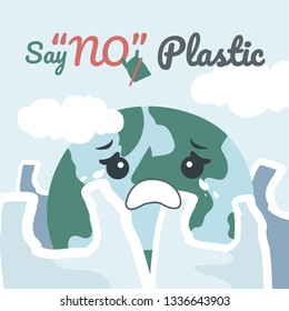 Poster of Earth crying with plastic bag cartoon, say no to plastic concept vector illustration
