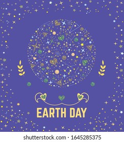 Poster Earth Day with earth in cosmos and starry frame and text earth day isolated on the lilac background. Vector illustration with planet and ecology topic