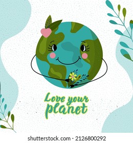  Poster Earth day, ecology eco environmental protection, climate change, save Nature, love planet.Vector illustration of cute planet Earth and text Love your planet on a white background in cartoon