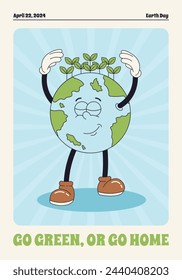 Vamos cita verde, afiche de motivación. Estampado de camiseta ecológico Earth Day. Caricatura retro groovy planeta Tierra personaje con cara sonriente y plantas en la cabeza. Ilustración vectorial.