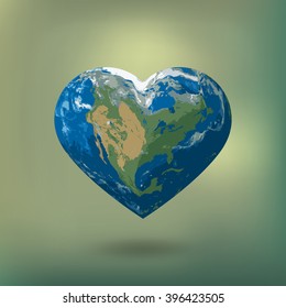 Poster with Earth day. Earth in heart shape  with America continent. Vector illustration of our planet. Earth day is celebrated April 22. Earth day illustration concept vector.EPS10 