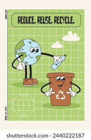 Reducir, reutilizar, reciclar cita, cartel de motivación. Día de la Tierra ilustración vectorial ecológica. Caricatura retro groovy planeta Tierra personaje lanzando botella de plástico en el cubo de basura.