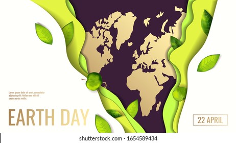 Poster for Earth Day, World Environment Day with layers of cut paper and fresh green leaves. Ecology, environment safety concept. Vector illustration for poster, banner, card, cover, flyer.