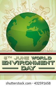 Poster with Earth planet's biodiversity to celebrate World Environment Day with flora and fauna in doodle style.