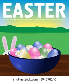 Poster Easter eggs in a blue plate on a wooden table. Bunny peeps. Background field, sky and sun. Vector illustration.