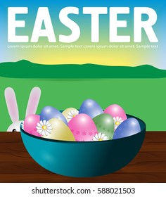 Poster Easter eggs in a turquoise plate on a wooden table. Bunny peeps. Background field, sky and sun. Vector illustration.