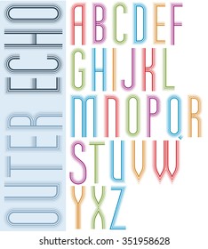 Poster echo light striped font, bright condensed geometric uppercase letters on white background.