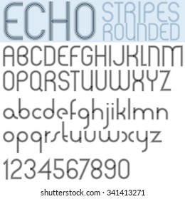 Poster echo vector black font and numbers isolated on white background, striped lowercase and uppercase letters with rounded corners.