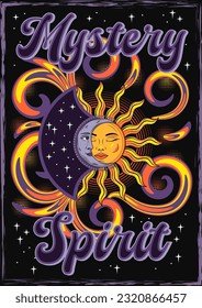 Poster with eclipse with sun, crescent moon. Mythological fantasy character