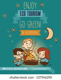 poster for eco tourism with cute doodle family cooking marshmallows, can be used as banner for tourism or advertisement for ecology organization, vector illustration
