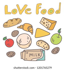 Poster with an ecological message  Don't waste the food. Line art style, most commonly wasted food, bread, milk, apple, potato, cheese. Could be used as an illustration, postcard, print.