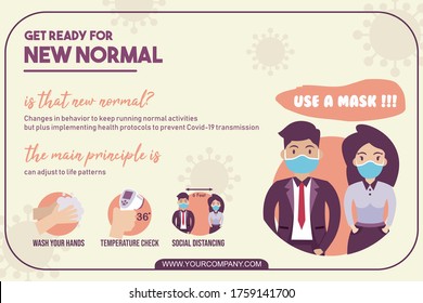 poster education corona virus, ready for new normal ilustration with prevention covid-19, use new normal, temperature check, wash hands, social distancing icon 
