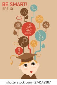 poster for education,  smart kid in mortar board and science icons, vector illustration