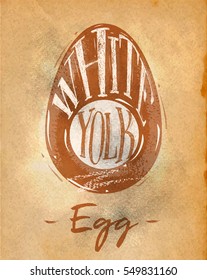 Poster egg cutting scheme lettering white, yolk in retro style drawing on paper craft background