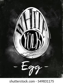 Poster egg cutting scheme lettering white, yolk in vintage style drawing with chalk on chalkboard background