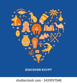 Poster with Egypt icons in colored line style. National symbols including pharaoh, Sphinx and pyramids. Vector illustration with place for text.