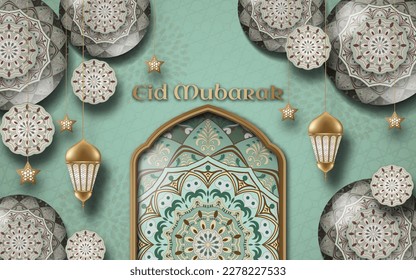 A poster eid mubarak with islamic frame and islamic ornaments on a green background.
