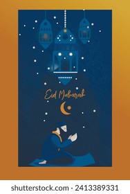 Poster for Eid Mubarak with praying muslim man, vector illustration