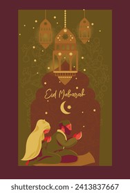 Poster for Eid Mubarak with praying muslim family, vector illustration
