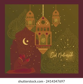 Poster for Eid Mubarak with praying muslim man, vector illustration