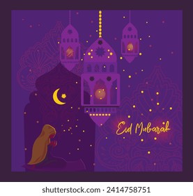 Poster for Eid Mubarak with praying muslim woman, vector illustration