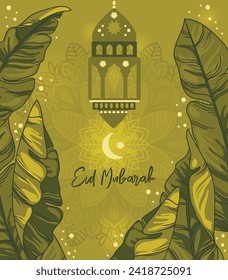 Poster for Eid Mubarak with tropical leaves and traditional lamp, vector illustration
