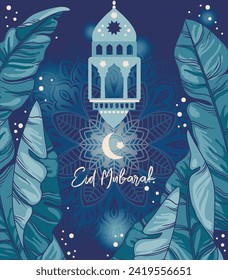 Poster für Eid Mubarak mit tropischen Blättern und traditioneller Lampe, Vektorgrafik

