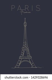 Poster eiffel tower lettering paris, france drawing in pen line style on dark background