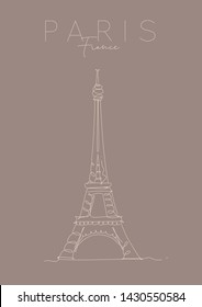 Poster eiffel tower lettering paris, france drawing in pen line style on brown background