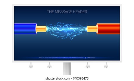 Poster with Electric cable and sparks on the Billboard. Copper electrical cable in blue and red insulation with electrical arc between the wires. Background for presentation or advertising