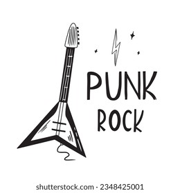 Poster with an electric guitar and the inscription Punk Rock. Vector illustration in doodle style for your design