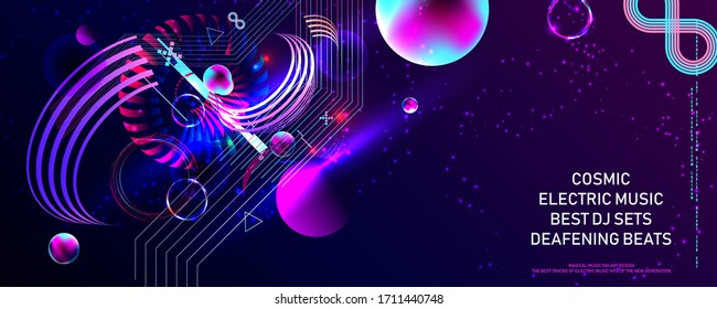 Poster electric musik futuristic space bubbles 3d cluster pastel shades decorative color abstract vector illustration music galaxy design