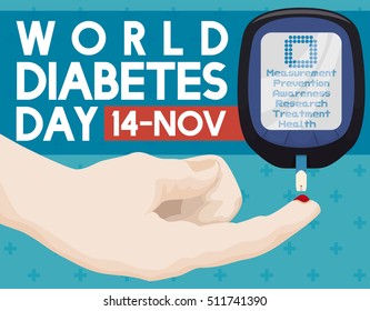 Poster with electronic glucometer and pricked finger ready to take control of glucose level in World Diabetes Day commemoration.
